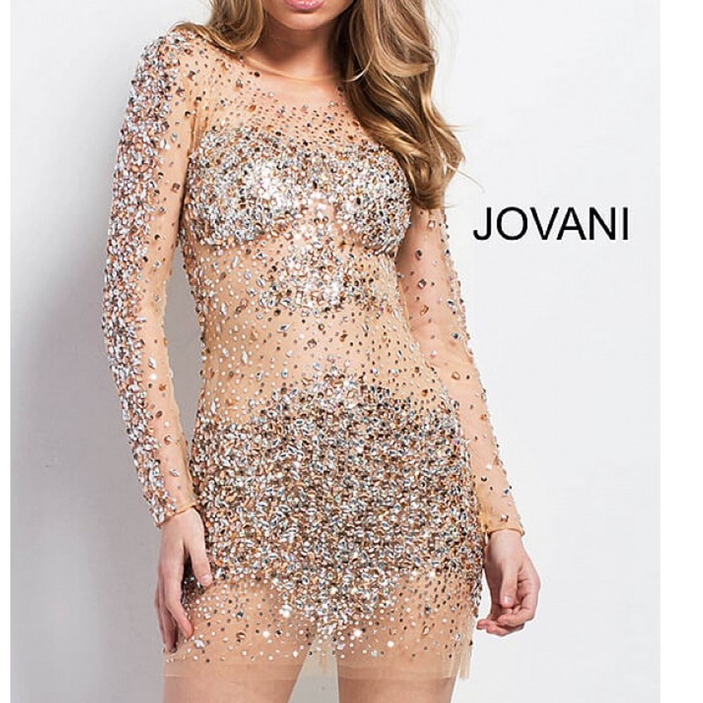 Jovani Nude Sheer Long Sleeve Beaded Short Dress